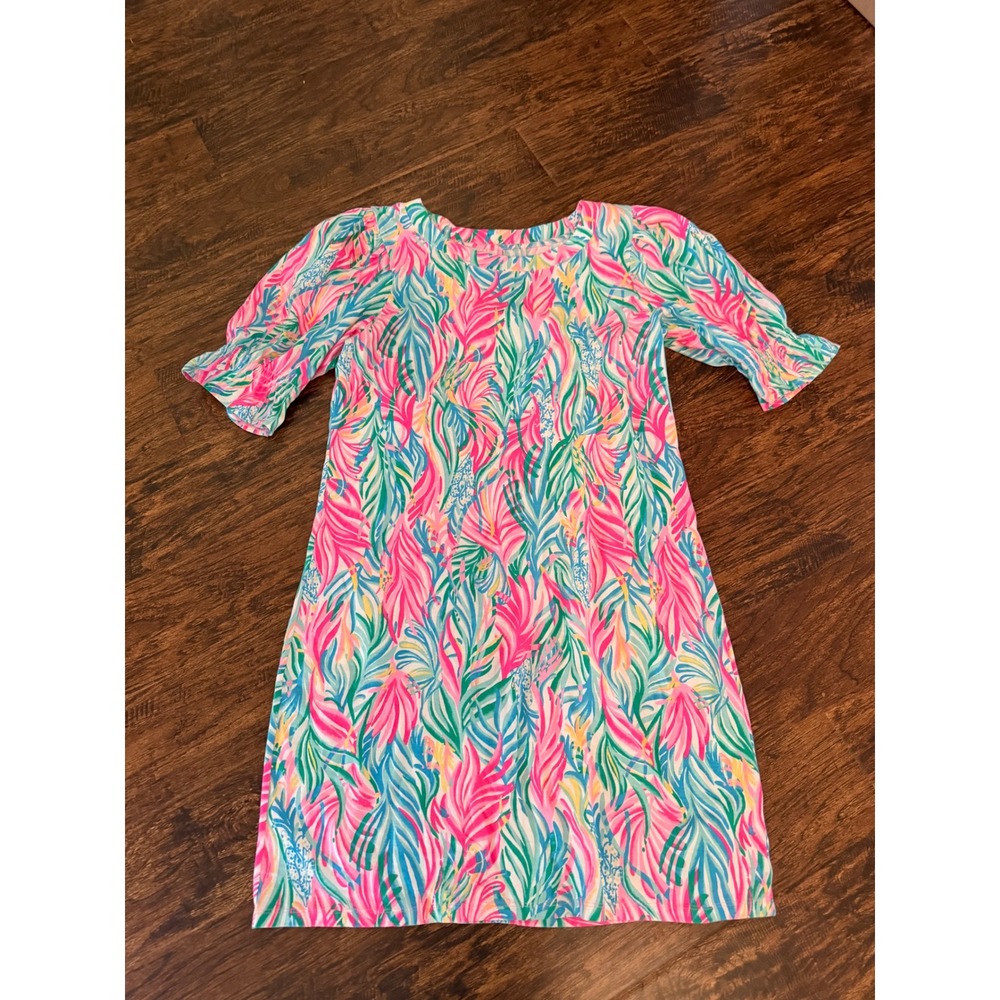 Lilly Pulitzer Women Pink Blue Green Tropical Leaf Puff Sleeve Shift Dress L